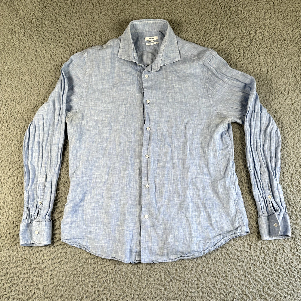 Reiss Shirt Men's XL Blue Button Up 100% Linen Regular‎ Fit Casual Long Sleeve